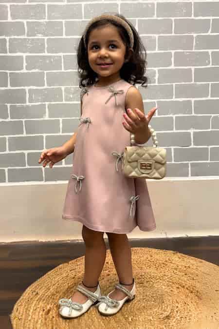 Buy Pink Crepe Bows, Glitter Embellished Sleeveless Dress For Girls by ...