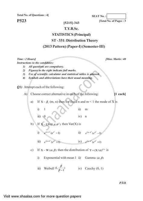 Distribution Theory 2017-2018 B.Sc Statistics Semester 5 (TYBSc) 2013 ...