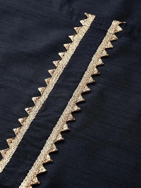 Buy Navy Blue Solid Chanderi Silk Straight Kurta With Palazzos & Stole ...