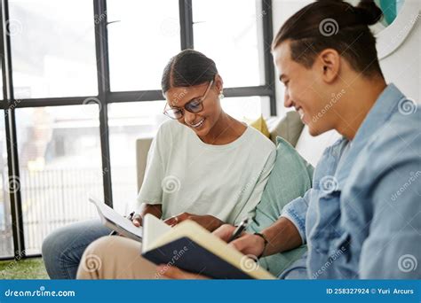 Studying, University and Couple Students Learning Together in Campus Lounge for Knowledge ...