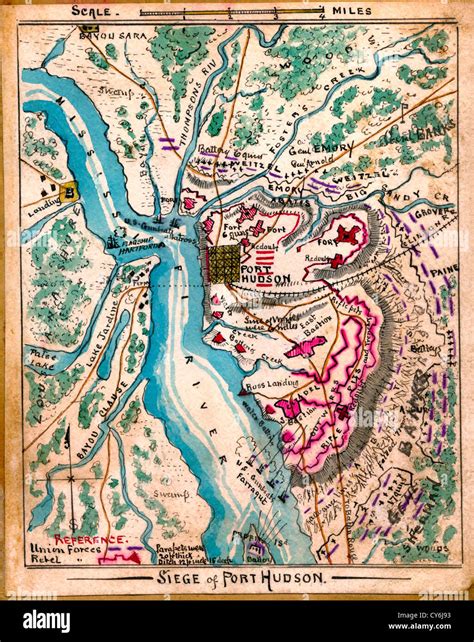 Siege of Port Hudson, USA Civil War, 1863, Color coding indicates the ...
