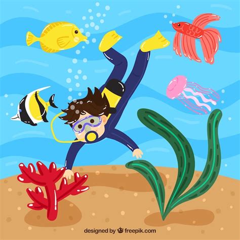 Fundo subaquático com caricaturas de animais aquáticos | Vetor Grátis