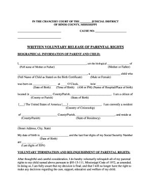 Fillable Online WRITTEN VOLUNTARY RELEASE OF PARENTAL RIGHTS Fax Email ...