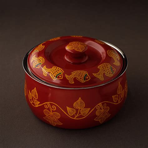 Red Madhubani Handpainted Stainless Steel Casserole