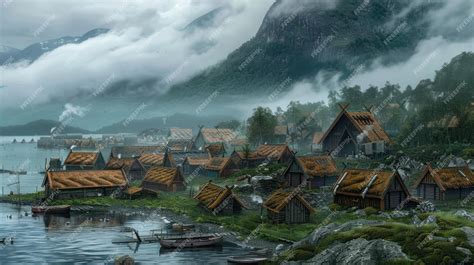 Historic Viking Village by Fjord An Illustration of Nordic History ...