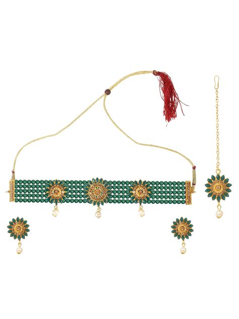 Buy Cardinal Green onyx Gold Plated Choker Necklace Set With Maang Tika ...