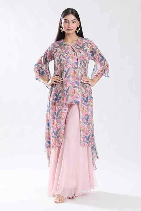 Buy Pink Chiffon, Cotton, Silk Embroidery Wonderland Print And Jacket ...