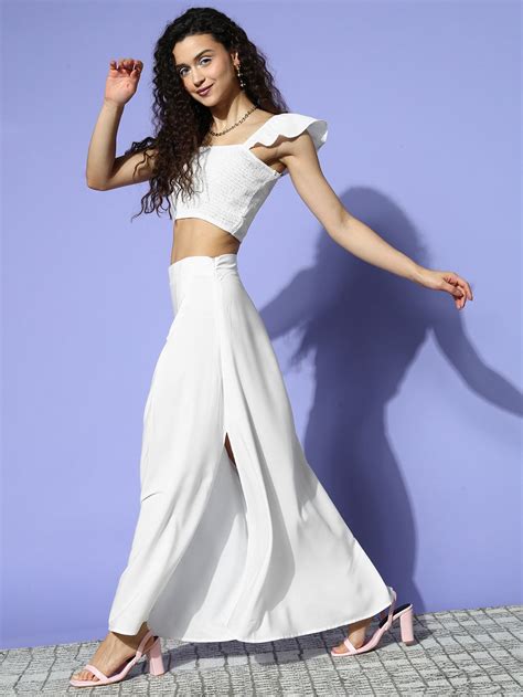 Women Solid While Square Neck Side-Slit Smocked Crop Top & Maxi Skirt ...