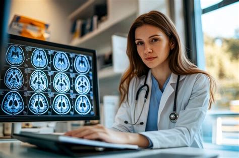 Medicine concept female doctor examining mri of a patient brain in her ...