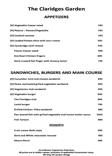 Menu of The Claridges Garden -The Claridges, Dr. APJ Abdul Kalam Road ...