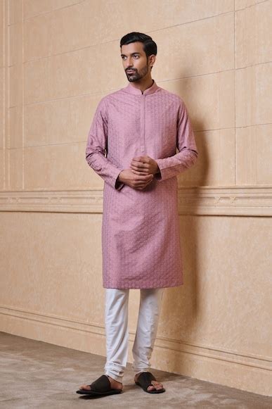 Buy Peach All Over Thread Embroidered Kurta Set for Men from Tasva 1109031