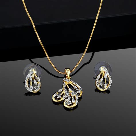 24 Kt Gold Plated shaped Halo American Diamond Necklace Set – Estele