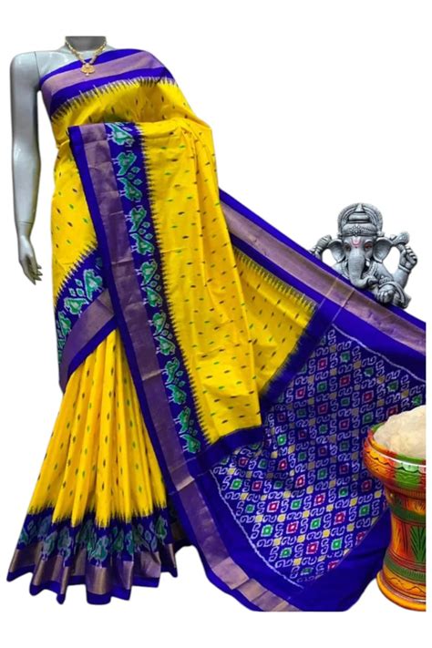 Pure Pure Pochampally Ikkat Silk Yellow With Blue Sari Online ...