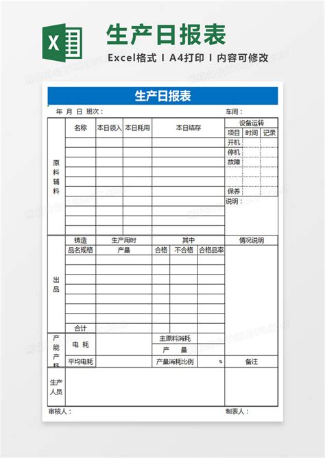 生产日报表表格Excel模板下载_xlsx格式_熊猫办公