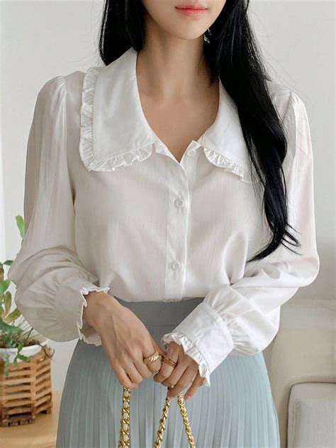 DAZY Peter Pan Collar Loose Fit Open Front Long Sleeve Women Shirt ...