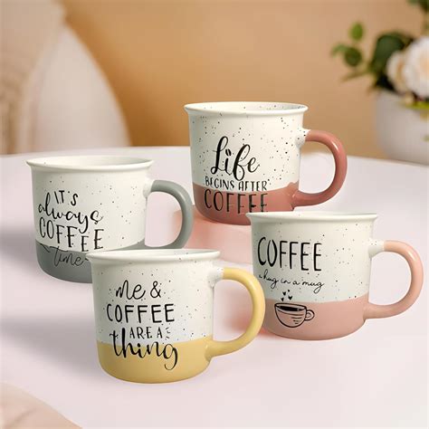 Lemon Tree 4-Piece Ceramic Coffee Mug Set | 360ml Matte Glazed Porcela ...