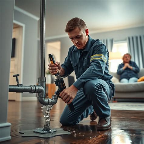 Emergency plumber in Cardiff repairing a burst kitchen pipe while water leaks onto the floor.