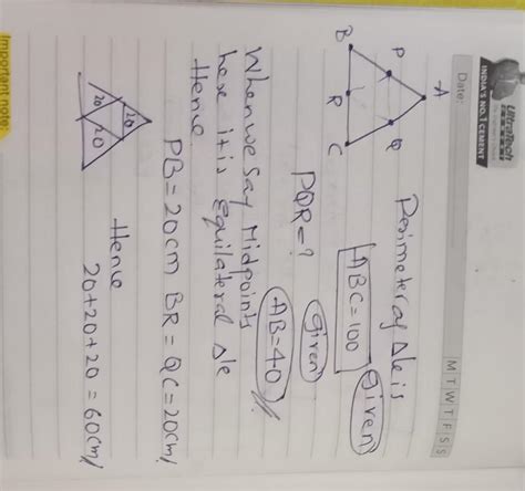 If P,Q,R are mid pts of sides of triangle ABC with perimeter Of ...