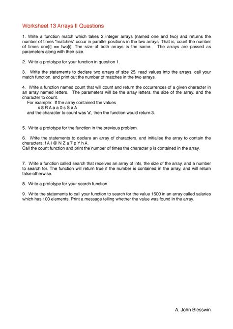 Worksheet 13 Arrays II Questions - Worksheet 13 Arrays II Questions ...