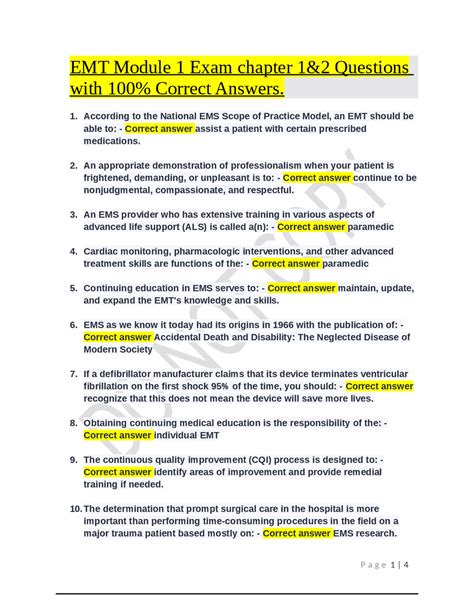 EMT Module 1 Exam chapter 1&2 Questions with 100% Correct Answers ...