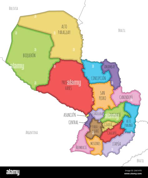 Vector illustrated map of Paraguay with departments, capital district ...