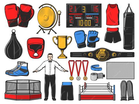 Boxing icons of kickboxing or mma fight equipment | Premium Vector