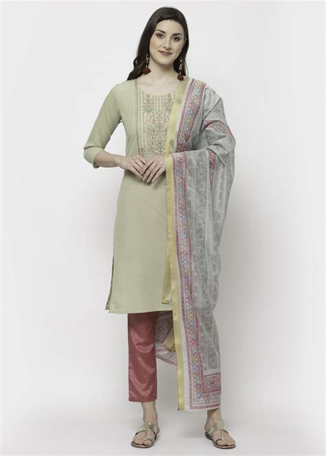 Get Green Pure Cotton Floral Embroidered Kurta Pant And Dupatta Set at ...