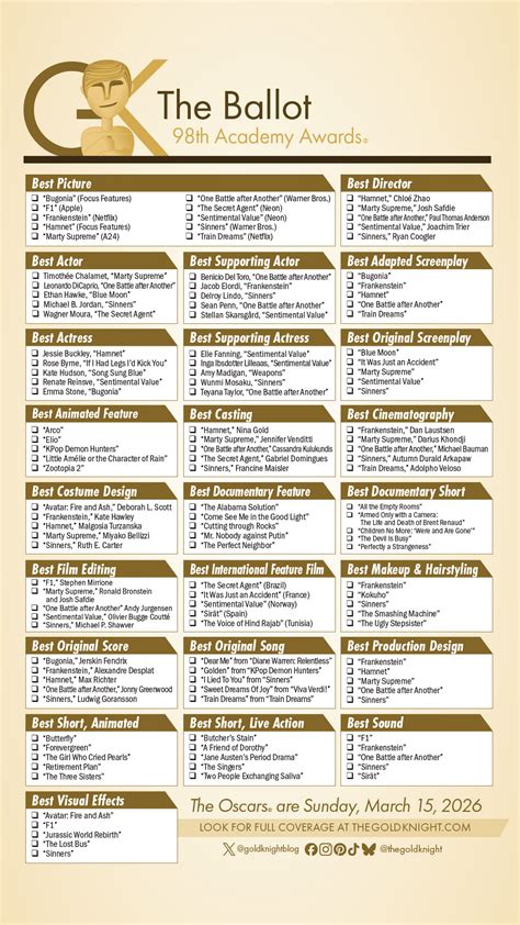 Oscars 2026: Download our printable ballot | The Gold Knight - Latest ...