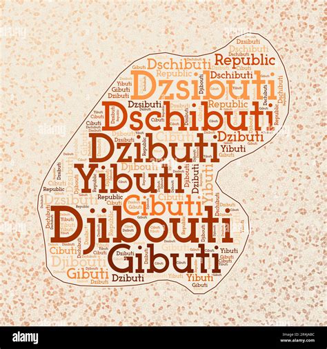 Djibouti shape with country names word cloud in multiple languages. Djibouti border map on ...