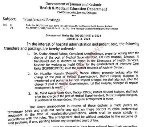 J&K Govt orders transfers and postings in Health department