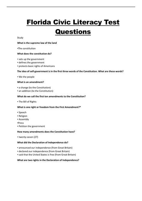 Florida Civic Literacy Test Questions with 100% CORRECT ANSWERS ...