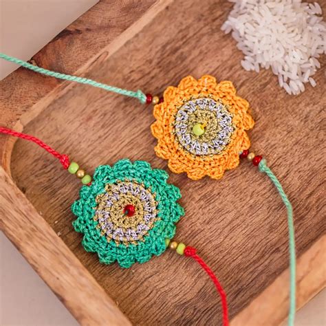 Buy Handmade Crochet Green & Yellow Seher Rakhi With Roli Chawal | Set ...