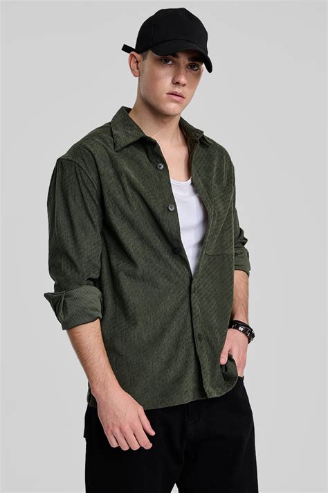 Buy Men's Dark Green Textured Corduroy Overshirt Online | Snitch – SNITCH