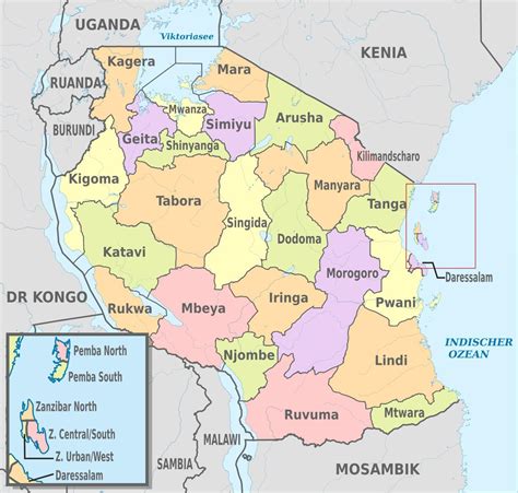 Map of tanzania regions and districts - Map of tanzania showing regions ...