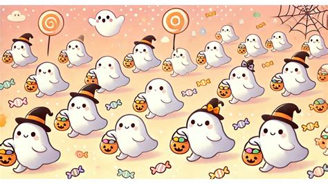 cute Halloween wallpaper showing a parade of adorable ghosts carrying candy buckets, floating in ...