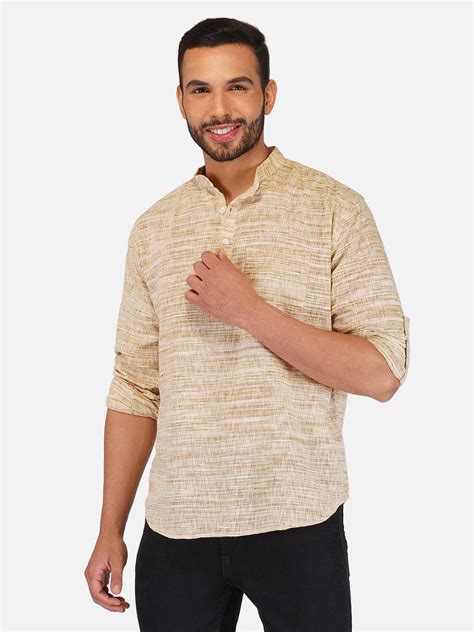 Pure Khadi Short Kurta in Self Pattern Wheat Color - Full Sleeve / 36 ...