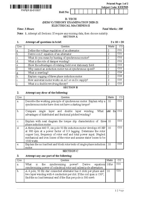 Btech ee 5 sem electrical machines 2 kee503 2021 - Printed Page: 1 of 2 ...
