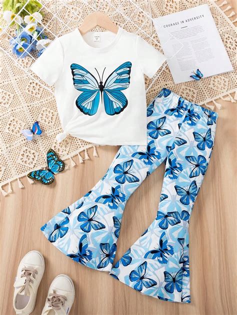 SHEIN Young Girl Butterfly Printed Short Sleeve T-Shirt And Flare Pants ...