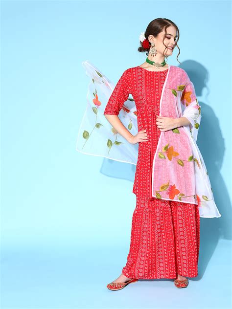 Red Bandhani Sharara Set With Dupatta - InWeave