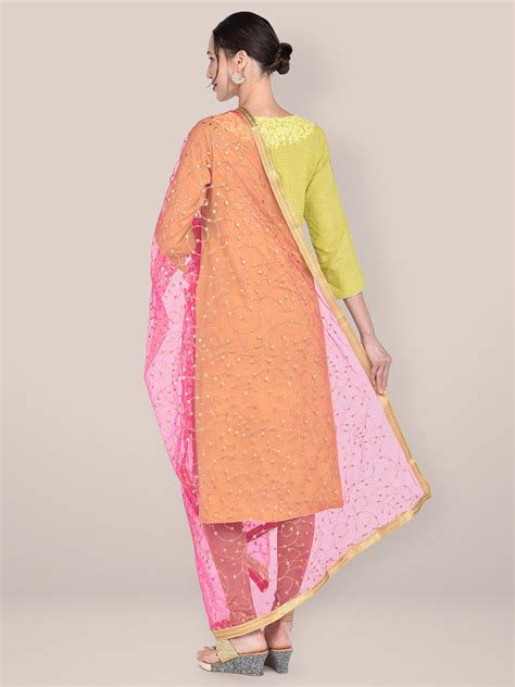 Rani Pink & Gold Embroidered Net Dupatta Dupatta Bazaar