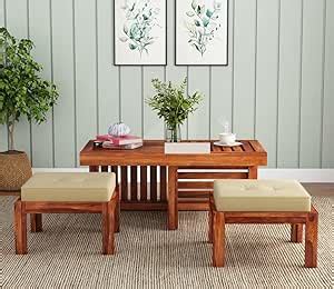 VAARDAN ARTS AND CRAFTS Sheesham Wood Center Table with 2 Stools ...