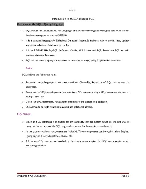 UNIT 2 DBMS Notes - Introduction to SQL, Advanced SQL Overview of the ...
