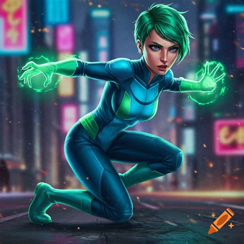 Superhero girl in green and black suit on Craiyon