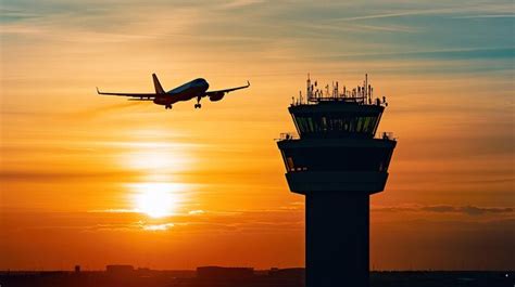Silhouette of an airplane flying over the control tower at sunset ...