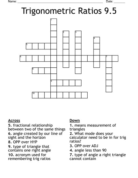 Trigonometric Ratios 9.5 Crossword - WordMint