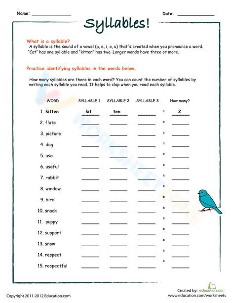 Free Count Syllables Worksheet 的图像结果