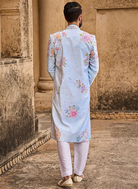 Light Blue Hand Embroidered Velvet Sherwani – Lashkaraa India