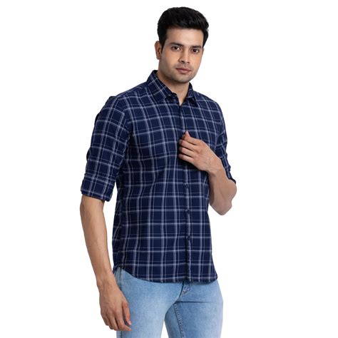 Parx Men Blue Checks Slim Fit Cotton Full Sleeve Cutway Collar Shirt ...