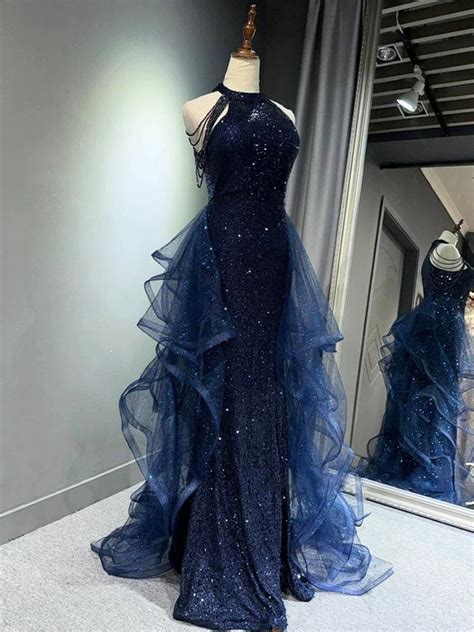 Navy Blue Sequins Long Prom Party Dress from Little Cute in 2025 | Prom ...