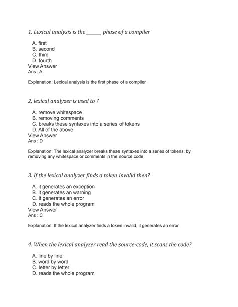 MCQ Lexical - mcq - 1. Lexical analysis is the _______ phase of a ...